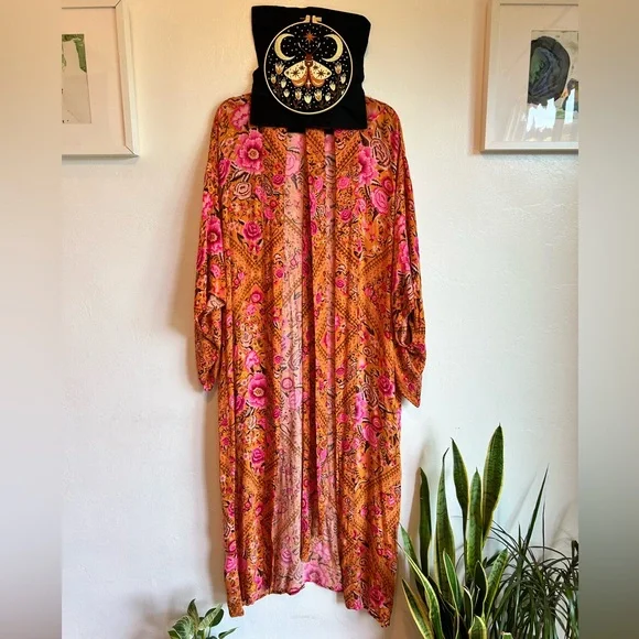 Spell Vibrant Marigold and Pink Floral Kimono w/ Belt - Picture 1 of 6
